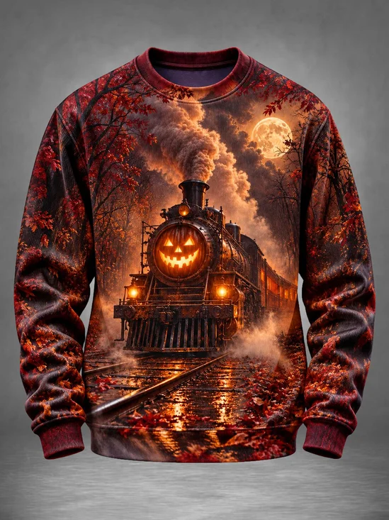 Halloween Vintage Pumpkin Steam Train   Moon Autumn Forest Fall Leaves Sweatshirt