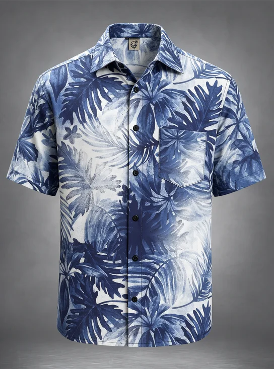 Moisture-Wicking Tropical Palm Leaf Chest Pocket Hawaiian Shirt