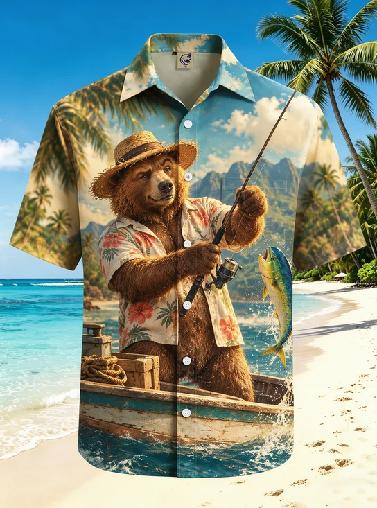Moisture-Wicking Fishing Bear Tropical Boat Beach Chest Pocket Hawaiian Shirt