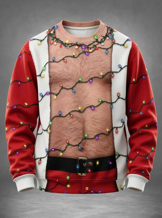 Ugly Christmas Funny Santa Costume Fake Chest Hair Multicolor Christmas String Lights Belt Sweatshirt