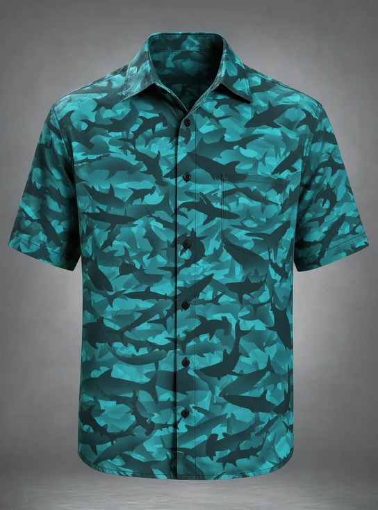 Moisture-Wicking Teal Shark Camo Pattern Chest Pocket Hawaiian Shirt