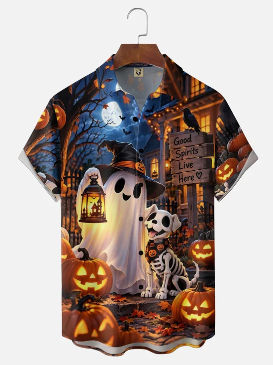 Moisture-wicking Halloween Ghost Dog Chest Pocket Casual Shirt
