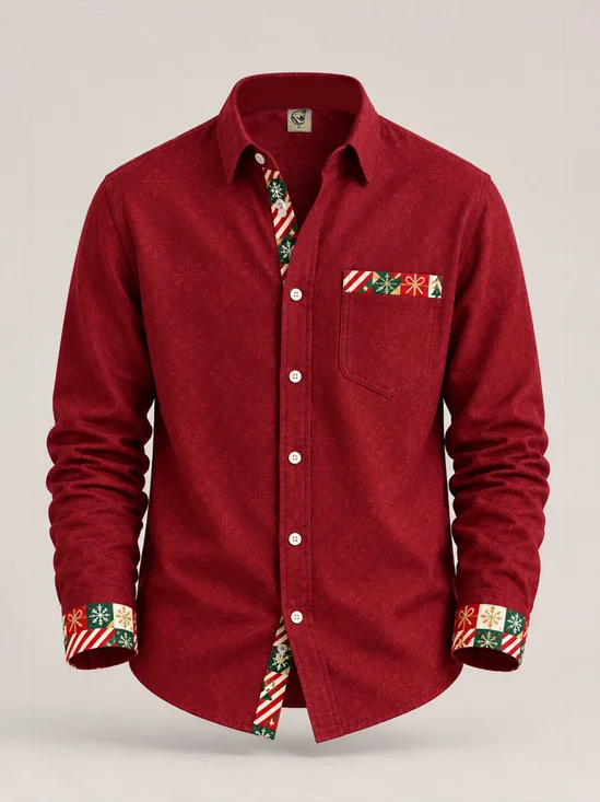 Linen-Texture Solid-Color Patchwork Christmas-Themed Chest Pocket Casual Long-Sleeve Shirt