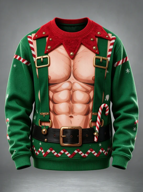 Christmas Funny Sexy Elf Fake Muscle Abs Green Suspenders with  Buckles Bells Candy Cane Snowflake Zigzag Ugly Christmas Sweatshirt