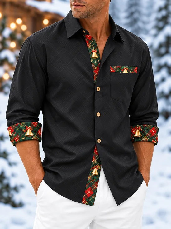 Moisture-Wicking Solid-Color Panel  Christmas-Themed Chest Pocket Casual Long-Sleeve  Shirt