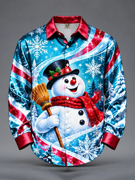 Breathable Silk Satin Christmas Lights Christmas Tree Christmas Snowman Casual Long Sleeve Shirt