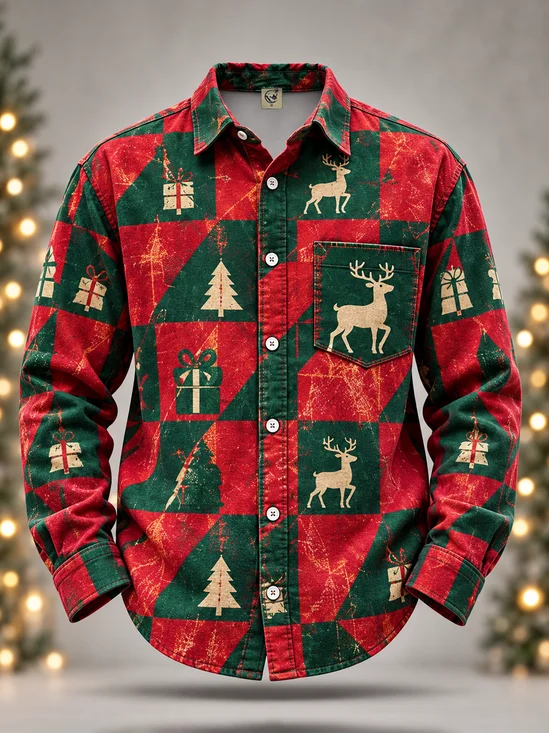 Moisture-Wicking Christmas Plaid String Lights Reindeer Chest Pocket Long-Sleeve Casual Shirt