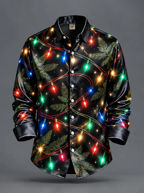 Breathable Silk Satin Christmas Lights Casual Long Sleeve Shirt