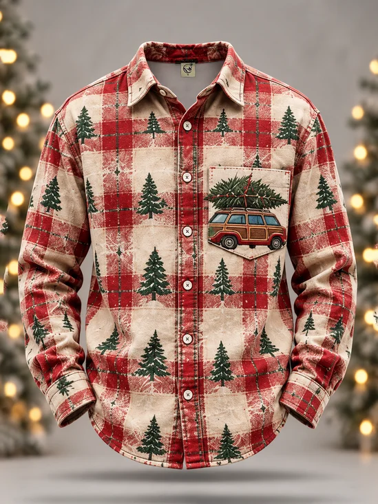 Linen-Texture Vintage Car & Christmas Tree Print  Chest Pocket Long-Sleeve Casual Shirt