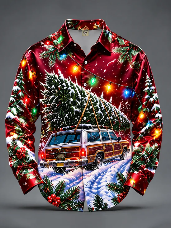 Breathable Silk Satin Christmas Lights Christmas Tree Retro Car Casual Long-sleeved Shirt