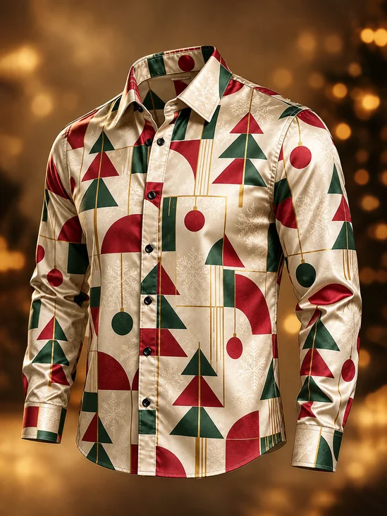 Moisture-Wicking  Abstract Geometric Christmas Tree Design Casual Long Sleeve Shirt