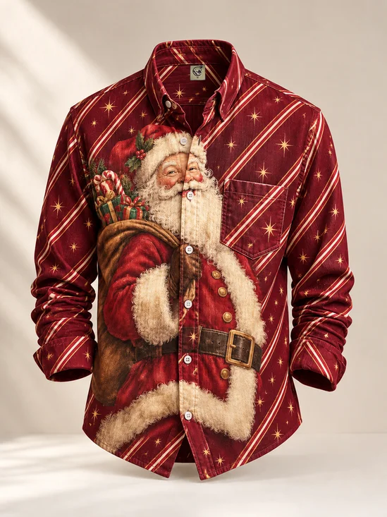 Moisture-Wicking  Christmas Stripes and Santa Chest Pocket Casual Long-Sleeve Shirt