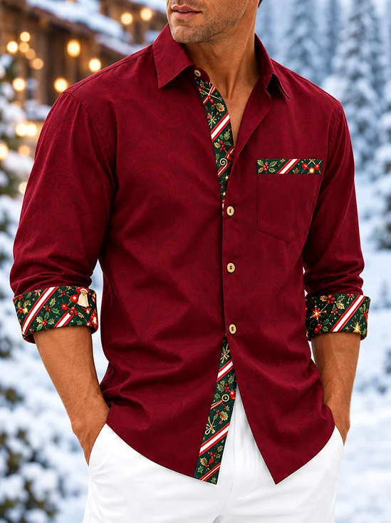 Moisture-Wicking Solid & Christmas Floral Print Panel  Chest Pocket Long-Sleeve Casual Shirt