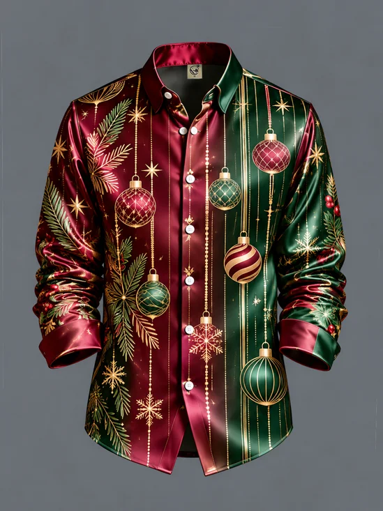 Breathable Silk Satin Christmas Lights Decoration Casual Long-Sleeved Shirt