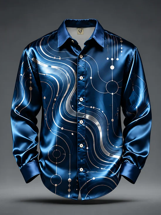Breathable Silk Satin Abstract Geometric lines Casual Long Sleeved Shirt