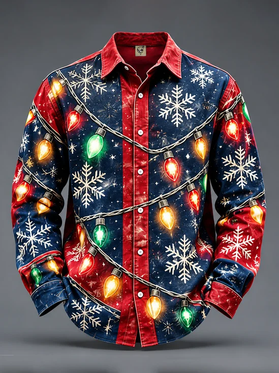 Moisture-Wicking Christmas Lights & Snowflake Casual Long-Sleeve Shirt