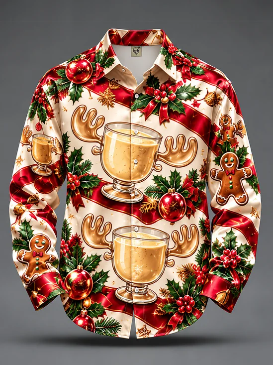 Breathable Silk Satin Christmas Light Moose Mug Eggnog Casual Long-Sleeve Shirt