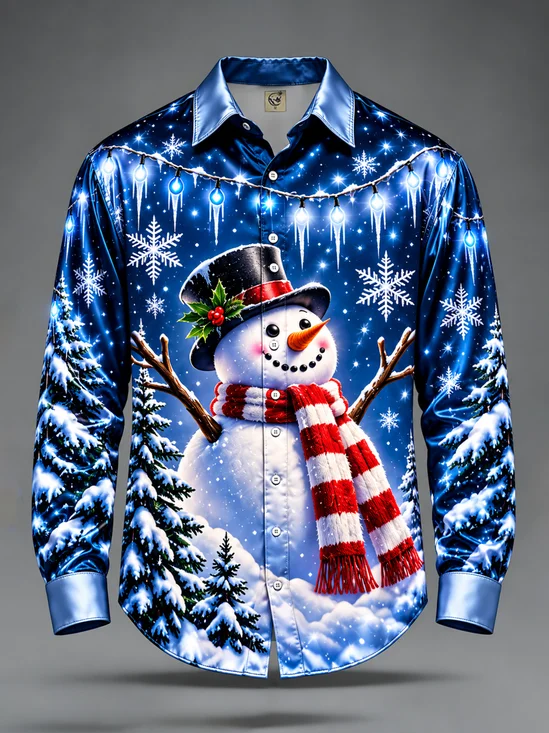 Breathable Silk Satin Christmas Lights Christmas Tree Christmas Snowman Casual Long Sleeve Shirt