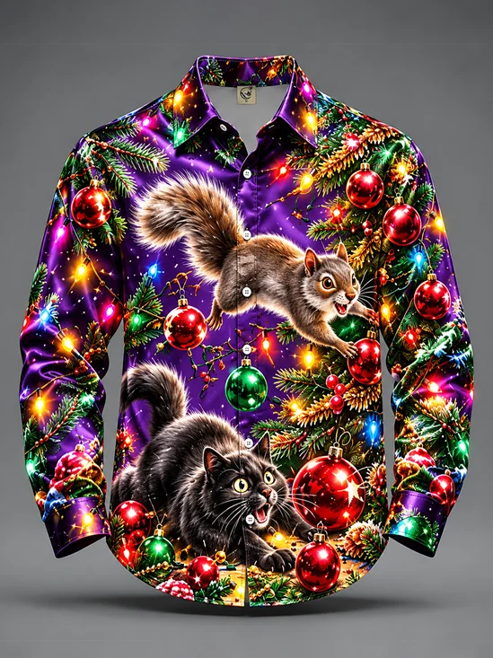 Breathable Silk Satin "Christmas Lights & Playful Cat-and-Mouse Chase" Casual Long-Sleeve Shirt