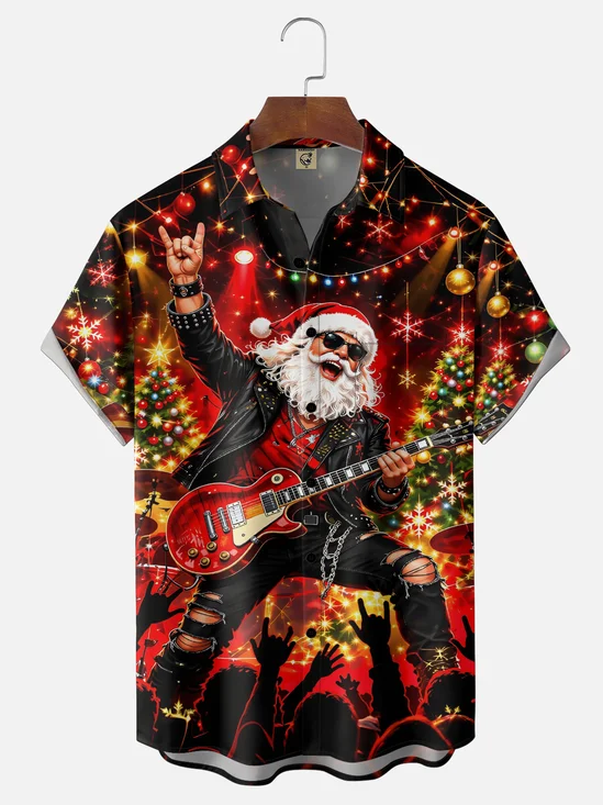 Moisture-Wicking  "Merry Christmas" Rock & Roll Party Santa  Christmas Lights Theme Chest Pocket Hawaiian Shirt