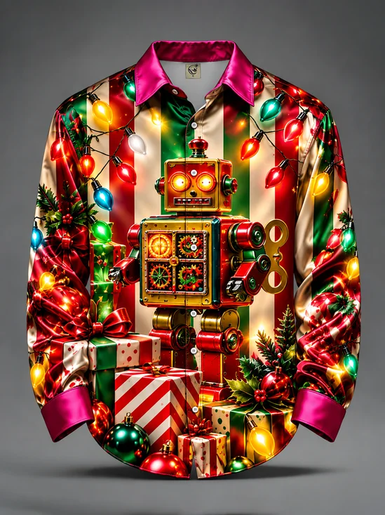 Breathable Silk Satin  Christmas String Lights & Wind-Up Robot Print Long-Sleeve Casual Shirt