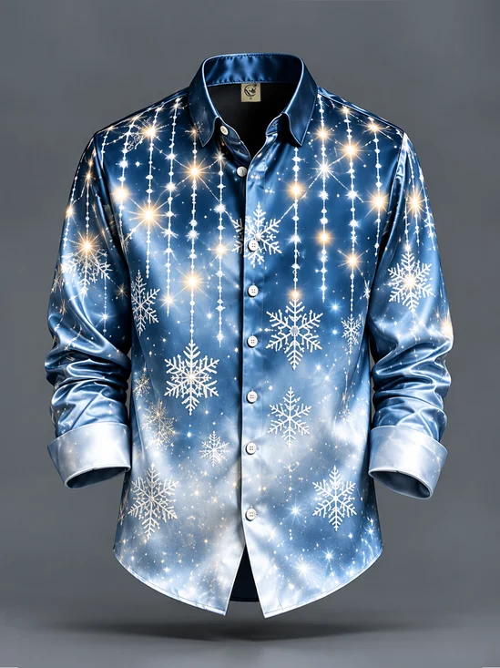 Breathable Silk Satin Christmas Lights Casual Long Sleeve Shirt