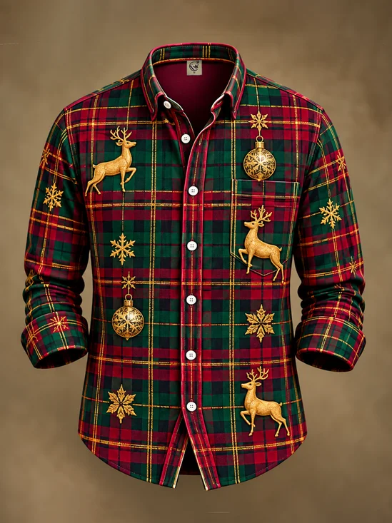 Moisture-Wicking Christmas Plaid String Lights Reindeer Chest Pocket  Long-Sleeve Casual Shirt