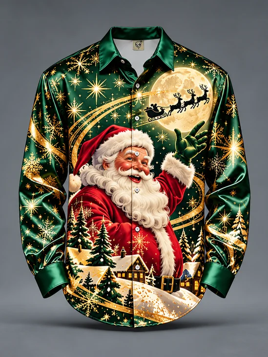 Breathable Silk Satin Christmas Lights Christmas Tree Santa Casual Long Sleeve Shirt