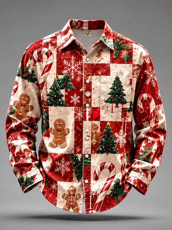 Moisture-Wicking  Christmas Plaid Christmas Tree Gingerbread Man Print  Chest Pocket Casual Long-Sleeve Shirt