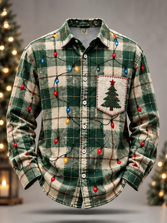 Moisture-Wicking Christmas Plaid & String Lights Print Chest Pocket  Casual Long-Sleeve Shirt