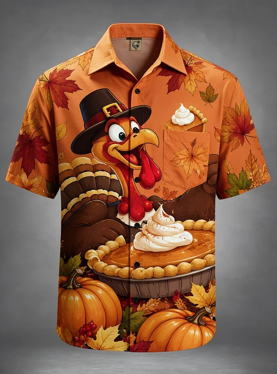Moisture-Wicking Cartoon Pilgrim Turkey Pumpkin Pie Maple Leaf Thanksgiving Chest Pocket Hawaiian Shirt