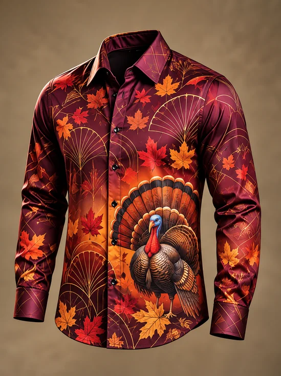 Moisture-Wicking Thanksgiving Maple Leaf & Turkey Casual Long-Sleeve Shirt