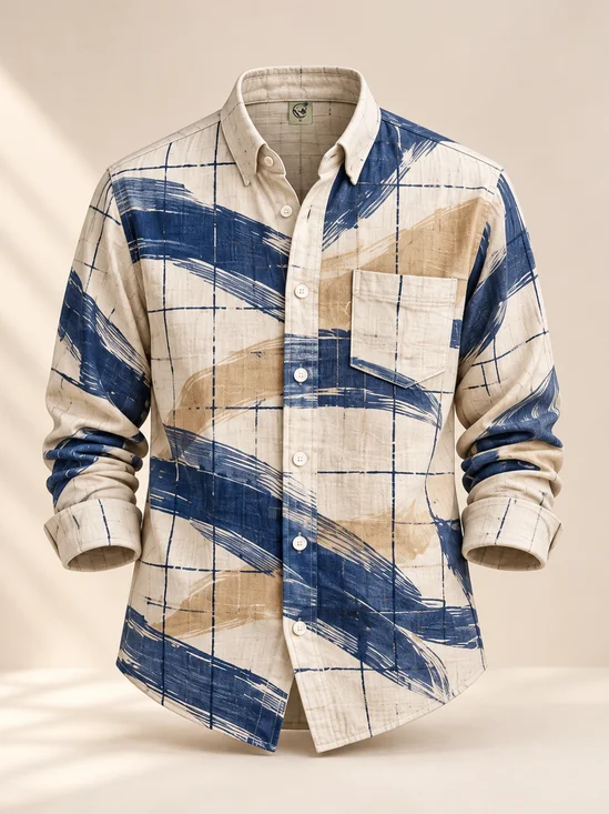 Linen-Texture Abstract Geometric Chest Pocket Casual Long-Sleeve Shirt