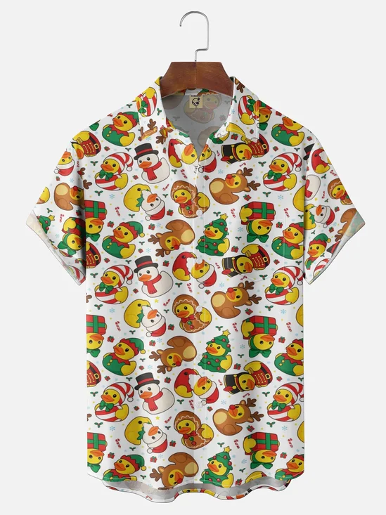 Moisture-Wicking Christmas Candy Cane & Duck  Chest Pocket Hawaiian Shirt