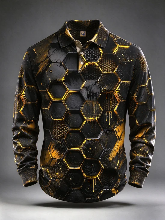 Moisture-Wicking Abstract 3D Geometric Color-Block Long-Sleeve Hawaiian Golf Polo