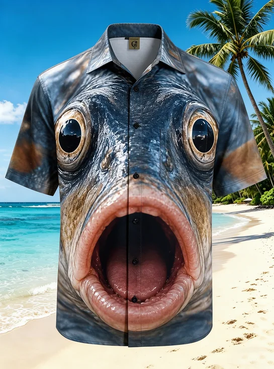 Moisture-Wicking Big Mouth Fish 3D Realistic Chest Pocket Hawaiian Shirt