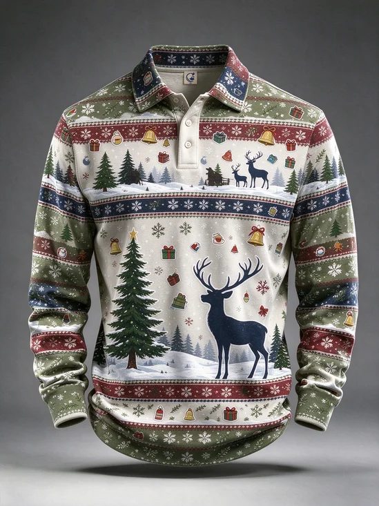 Moisture-Wicking  Christmas Tree Snowflake Bell  Reindeer Print Long-Sleeve Hawaiian Golf Polo