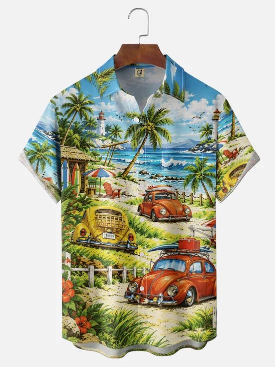 Moisture-Wicking Tropical Plant & Coconut Tree Beach Print Chest Pocket Hawaiian Shirt