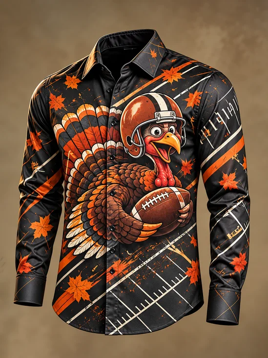 Moisture-Wicking Thanksgiving Maple Leaf Football Turkey Casual Long-Sleeve Shirt