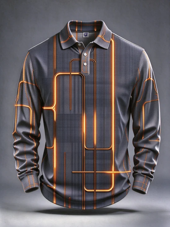 Moisture-Wicking Abstract 3D Geometric Color-Block Long-Sleeve Hawaiian Golf Polo