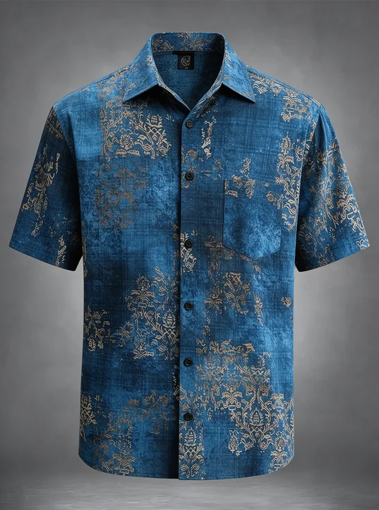 Moisture-Wicking Vintage Damask Floral Distressed Chest Pocket Hawaiian Shirt