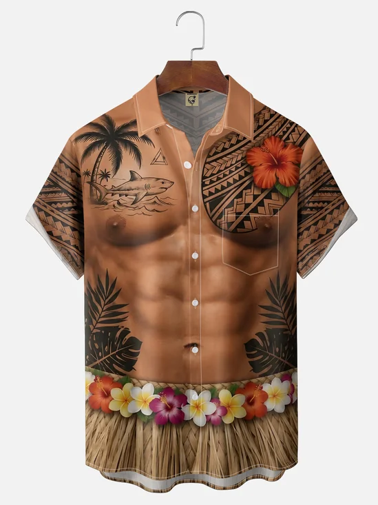 Moisture-Wicking Fun Hula-Skirt & Muscle-Print Floral & Leaf Pattern Chest Pocket Hawaiian Shirt