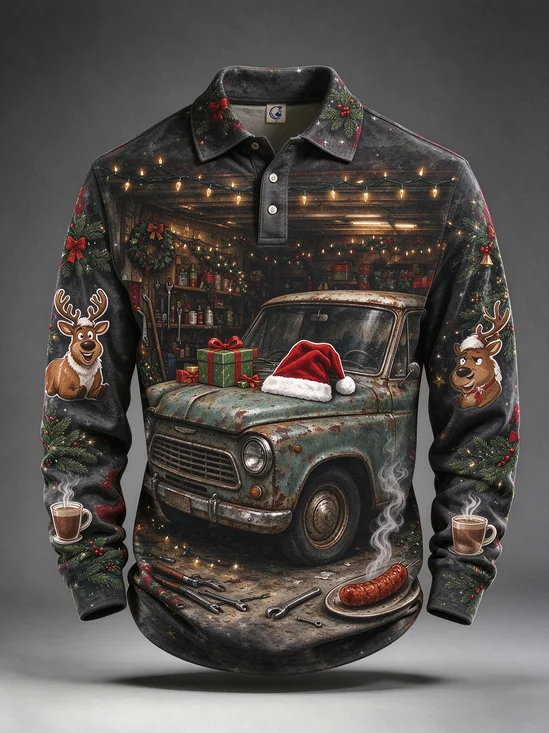 Moisture-Wicking Christmas Featuring Car With Santa Hat Reindeer  String Lights Long-Sleeve Hawaiian Golf Polo