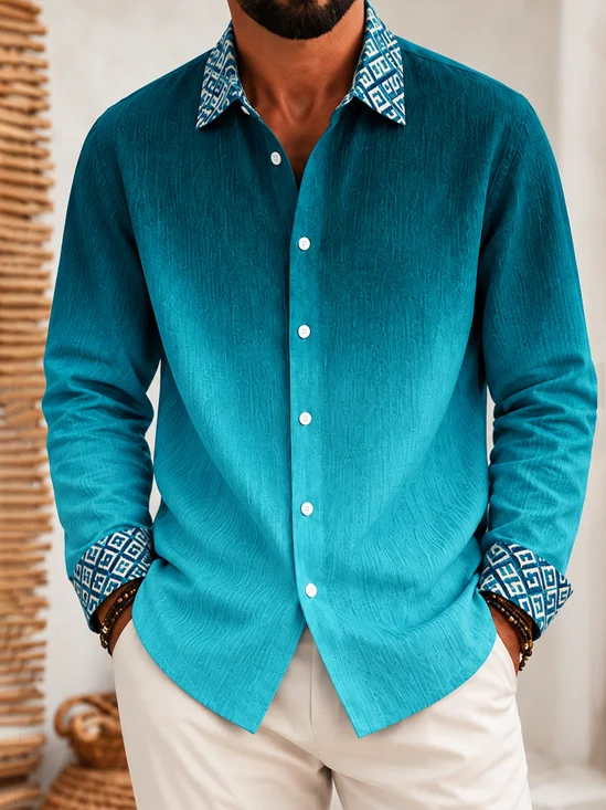 Moisture-Wicking  Solid-Color Panels Geometric Gradient Casual Long-Sleeve Shirt