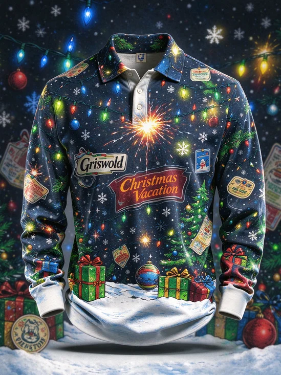 Moisture-Wicking Christmas Tree & Lights Long-Sleeve Hawaiian Golf Polo