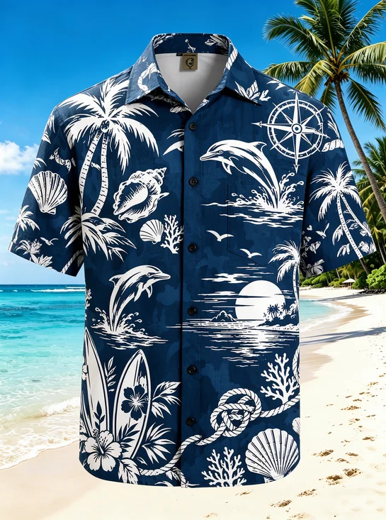 Moisture-Wicking Dolphin Surfboard Compass Seashell Coral Palm Tree Nautical Chest Pocket Hawaiian Shirt