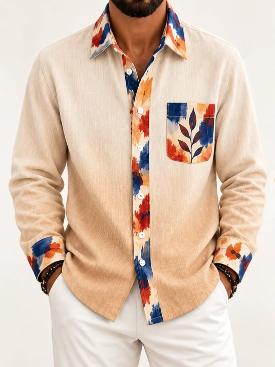 Linen-Texture Solid-Color Panels Gradient Leaf Print Chest Pocket Casual Long-Sleeve Shirt
