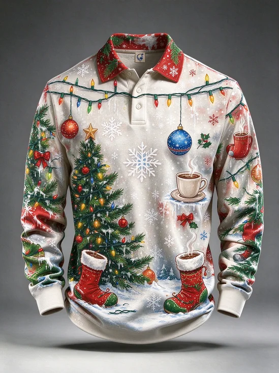 Moisture-Wicking Christmas Tree Snowflake Stocking  String Lights Long-Sleeve Hawaiian Golf Polo