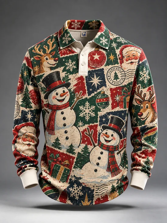 Moisture-Wicking Christmas Tree Snowflake Snowman Reindeer Long-Sleeve Hawaiian Golf Polo