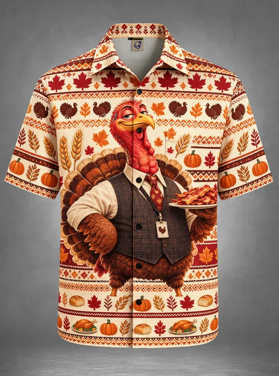Moisture-Wicking Thanksgiving Business Turkey Holding Bacon Plate Maple Leaf Pumpkin Chest Pocket Hawaiian Shirt